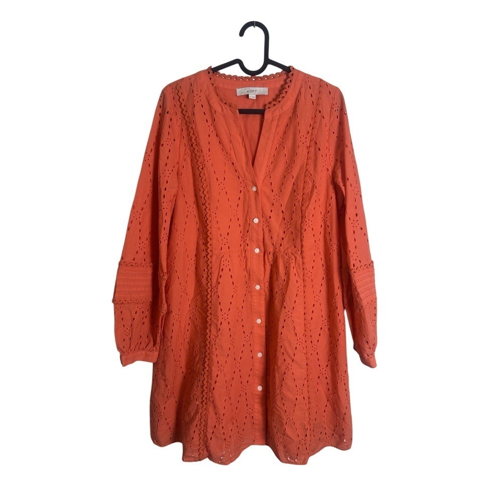 Loft Coral Eyelet Lace Trim Button Front Vacation Swing Summer Dress Size Medium